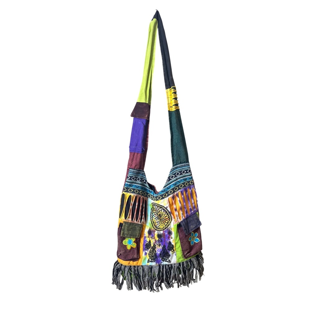 Boho Patchwork Crossbody Bag Made‎ in Nepal Cotton Dreamcatcher Fringe Hippie - Picture 2 of 16